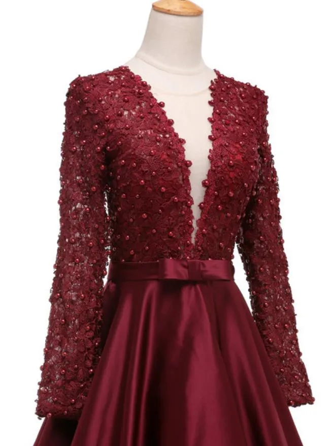Long Sleeves Deep V Neck A Line Prom Dresses Open Back Lace Evening Party Dress