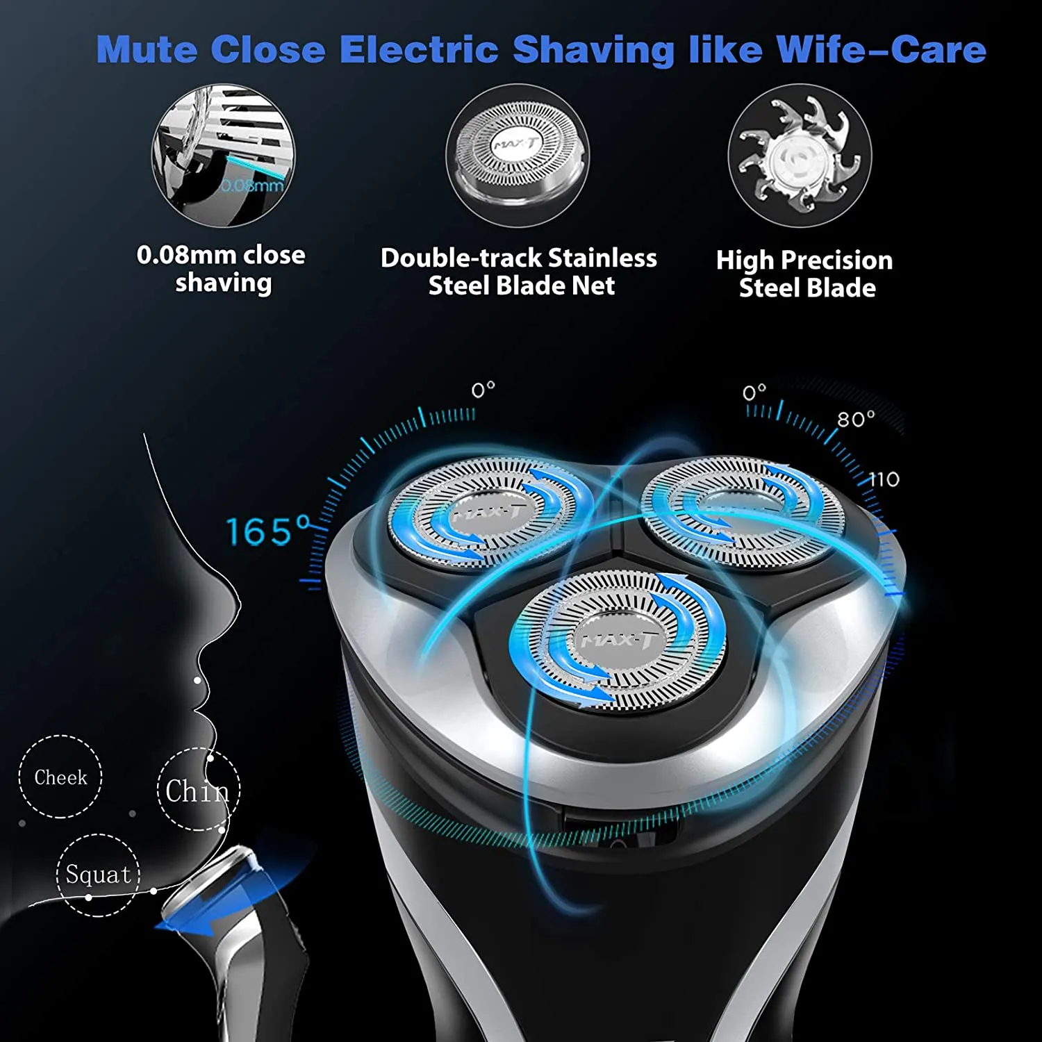 MAX-T Men Electric Razor, Rechargeable Wet & Dry Rotary Electric Shaver for Men (Black)