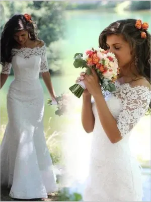 Mermaid Lace Off Shoulder Wedding Dresses,Half Sleeves Brush Train Wedding Dresses