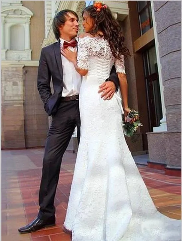 Mermaid Lace Off Shoulder Wedding Dresses,Half Sleeves Brush Train Wedding Dresses