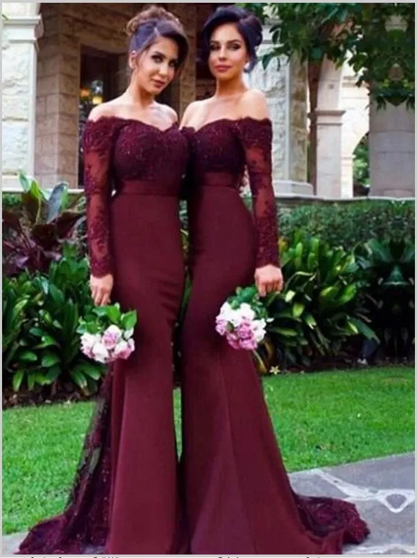 Mermaid Off Shoulder Bridesmaid Dresses,Long Sleeves Satin Train Bridesmaid Dresses