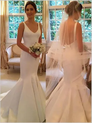Mermaid Satin V-neck Sleeveless Wedding Dresses Brush Train Dresses