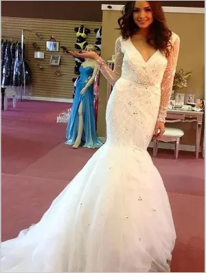 Mermaid Tulle V-neck Beading Wedding Dresses,Long Sleeves Court Train Wedding Dresses