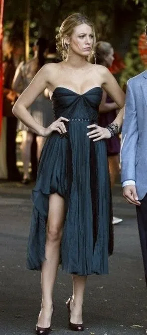 Navy Blue Blake Lively Dress Strapless Prom Dress