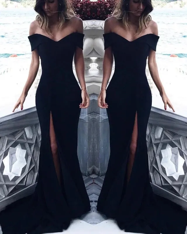 Off the Shoulder Black Prom Dresses Slit Sexy Evening Dresses