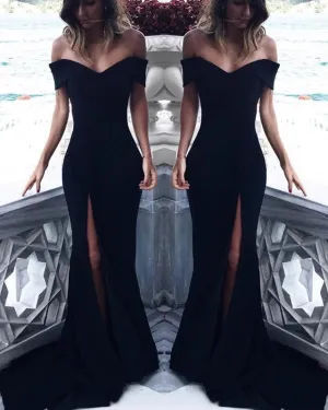 Off the Shoulder Black Prom Dresses Slit Sexy Evening Dresses