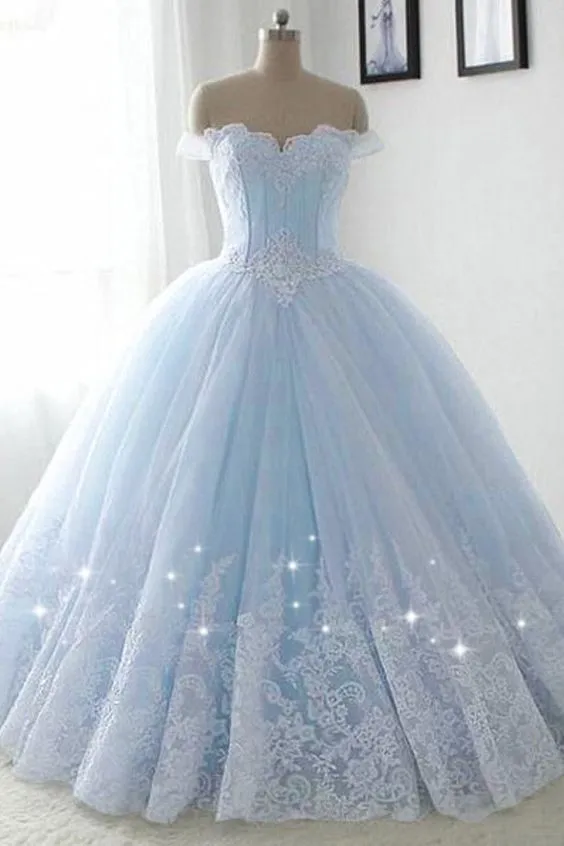 Off the Shoulder Blue Prom Dresses Ball Gowns Lace Appliques