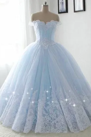 Off the Shoulder Blue Prom Dresses Ball Gowns Lace Appliques