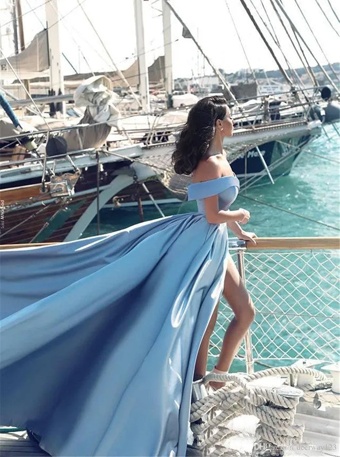 Off the Shoulder Long Blue Prom Dresses Slit Stain Evening Dresses