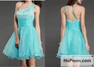 One Shoulder Blue Mini Beading Prom Dresses Homecoming Dresses
