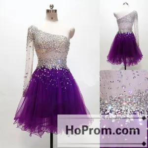 One Shoulder Short Beaded Purple Prom Dresses Homecoming Dresses