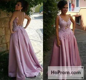 Pink Applique A-Line Backless Prom Dresses Evening Dress