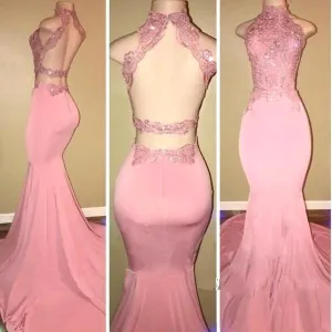 Pink Mermaid Prom Dresses 2019 Appliques Lace Sheath Backless Evening Dress