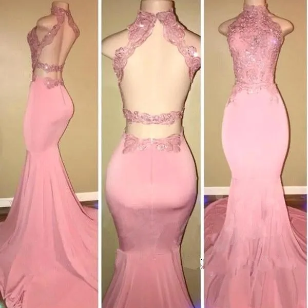 Pink Mermaid Prom Dresses 2019 Appliques Lace Sheath Backless Evening Dress