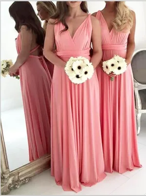 Princess Chiffon V-neck Floor Length Backless Bridesmaid Dresses