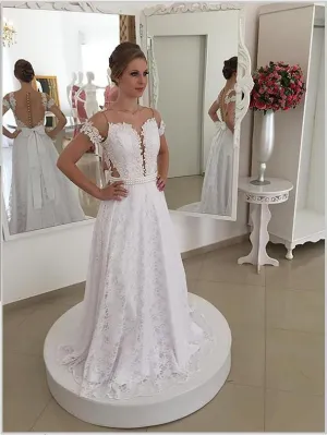 Princess Lace Scoop Short Sleeves Brush Train Wedding Dresses