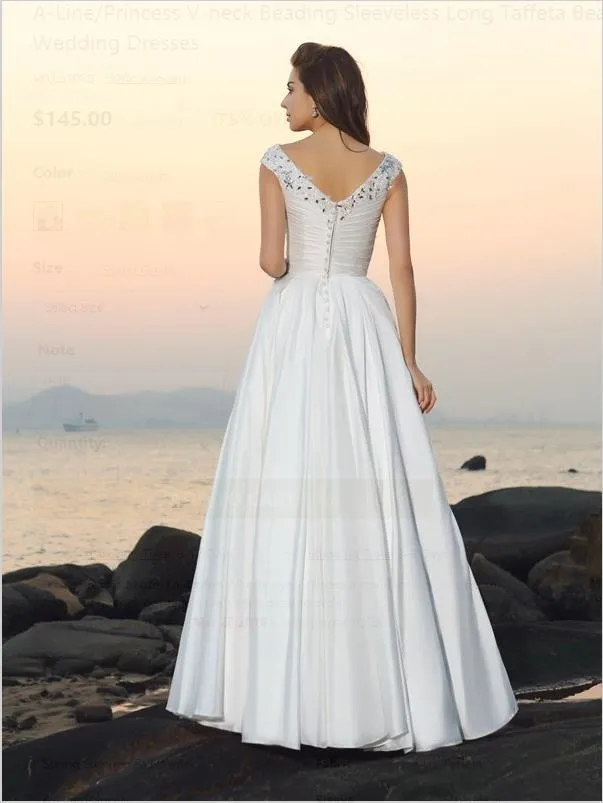 Princess Taffeta V-neck Wedding Dresses,Beading Sleeveless Wedding Dresses