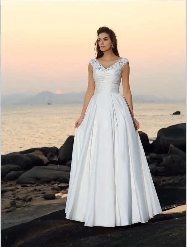 Princess Taffeta V-neck Wedding Dresses,Beading Sleeveless Wedding Dresses