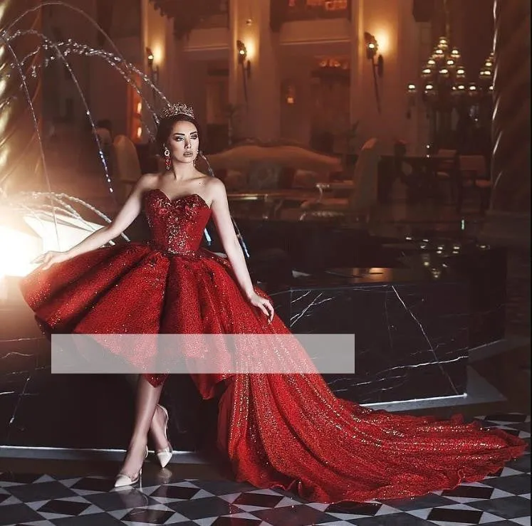 Red Evening Dresses Sweetheart Neck Off The Shoulder Sequin Glitter Prom Dresses