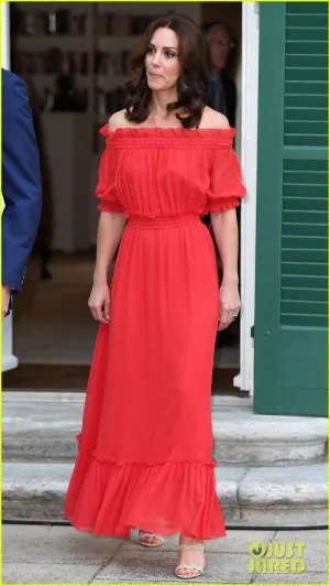 Red Princess Kate Middleton Chiffon Off the Shoulder Dress Half Sleeves Prom Celebrity Dress The Queen's Berlin Birthday