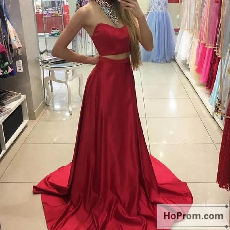 Red Satin Two Piece Long Prom Dresses Evening Dresses