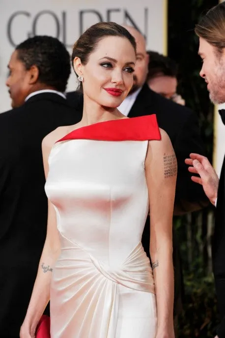 Red White Angelina Jolie Satin Slit Dress Prom Celebrity Red Carpet Dress Golden Globes