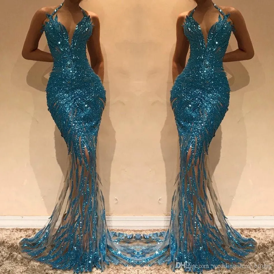 Sequins Halter Neck Mermaid Long Prom Dresses See Through Hunter Evening Dresses