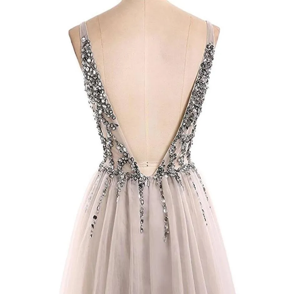 Sexy Open Back Prom Dresses Beading Tulle Saprkly Slit Evening Dress