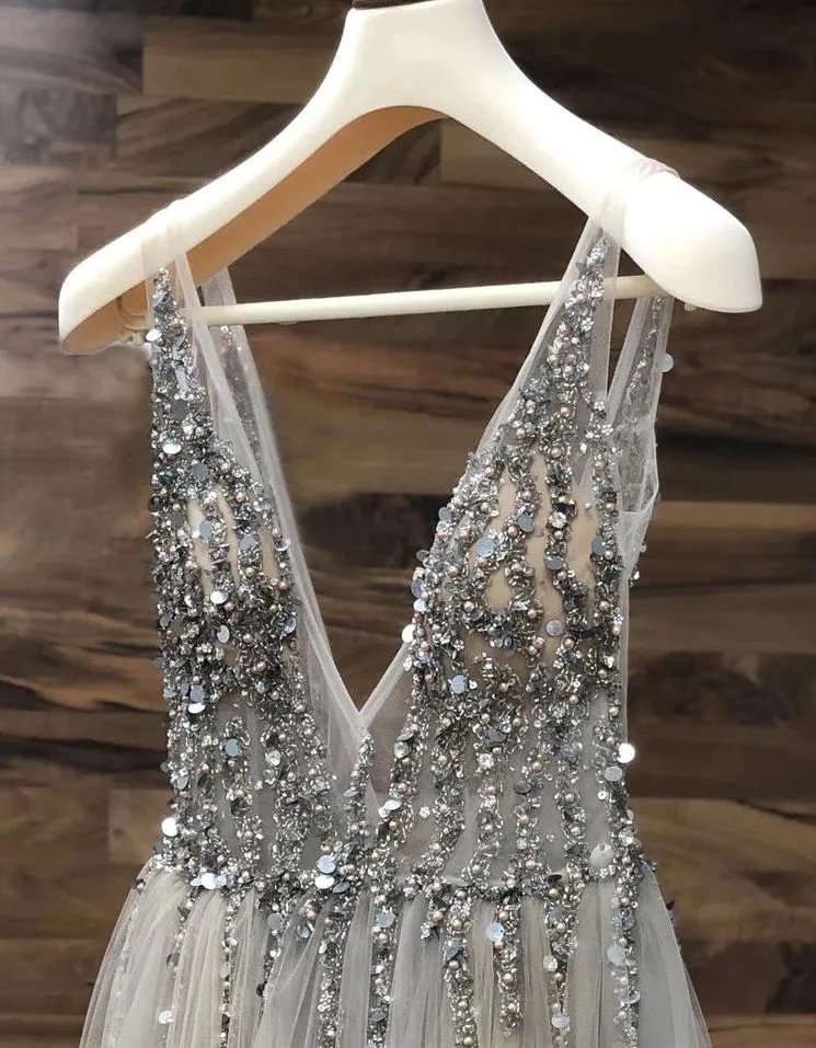 Sexy Open Back Prom Dresses Beading Tulle Saprkly Slit Evening Dress