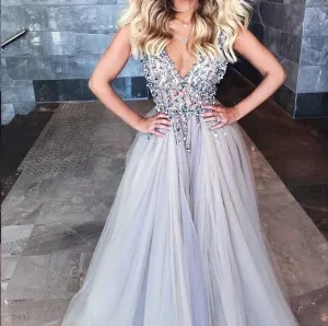 Sexy Open Back Prom Dresses Beading Tulle Saprkly Slit Evening Dress