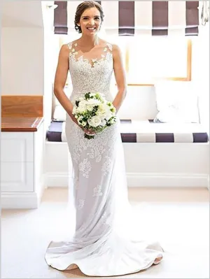 Sheath Lace Train Scoop Applique Court Wedding Dresses