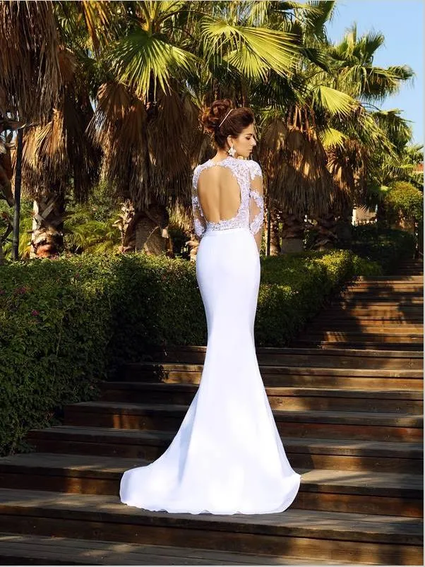 Sheath Satin Backless Wedding Dresses,Scoop Applique Long Sleeves Wedding Dresses
