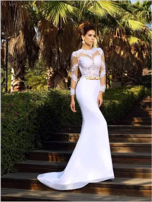 Sheath Satin Backless Wedding Dresses,Scoop Applique Long Sleeves Wedding Dresses