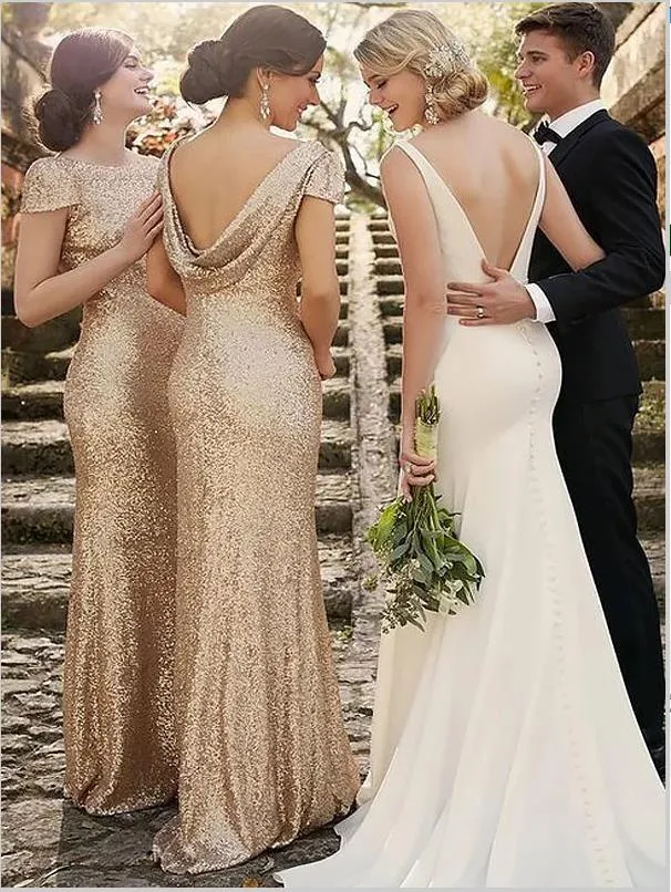 Sheath Short Sleeves Backless Bridesmaid Dresses With Sequins Scoop Train