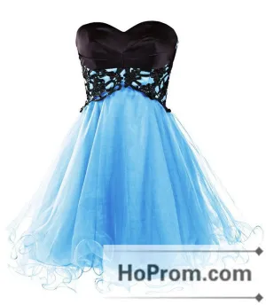 Short Black Applique Blue Tulle Prom Dresses Homecoming Dresses