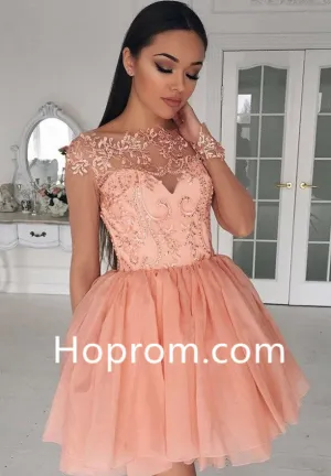 Short Coral Chiffon Cap Sleeves Homecoming Dress, A-Line Crew Homecoming Dress with Appliques