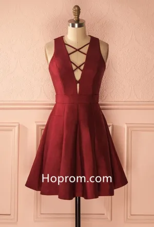 Simple Summer Homecoming Dress, Red Deep V Neck Homecoming Dress