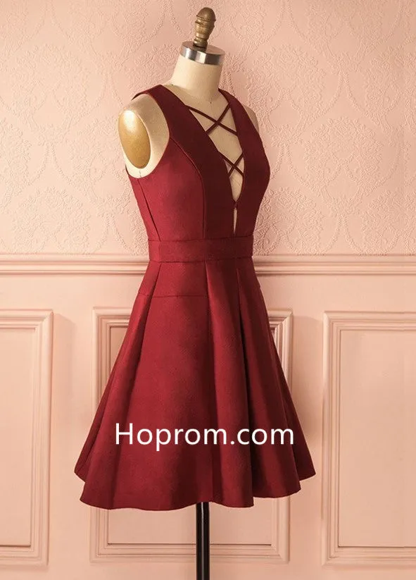 Simple Summer Homecoming Dress, Red Deep V Neck Homecoming Dress