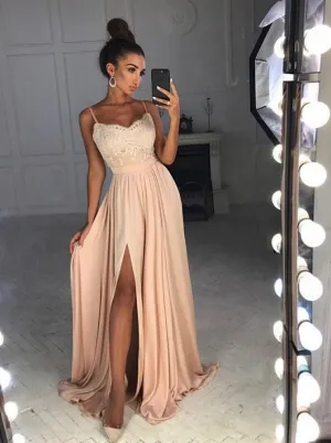 Spaghetti Straps Champagne Appliques Stain Prom Dresses With Slit Evening Dresses