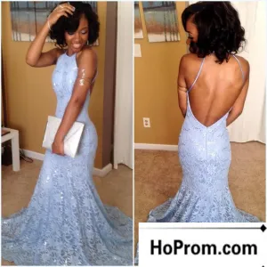 Spaghetti Straps Lace Backless Prom Dresses Evening Dress
