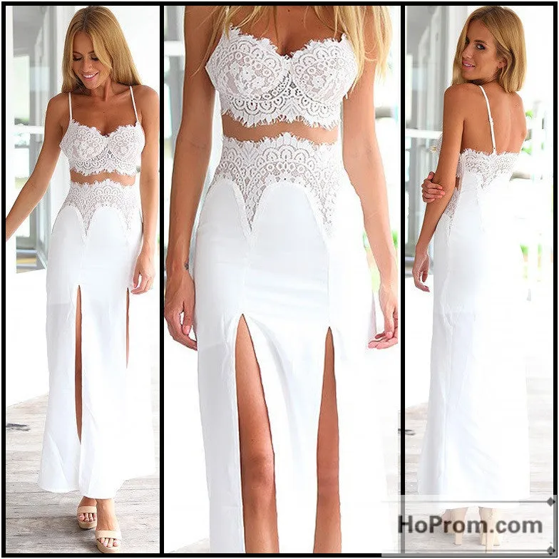 Spaghetti Straps White Lace Prom Dress Evening Dresses