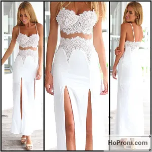 Spaghetti Straps White Lace Prom Dress Evening Dresses
