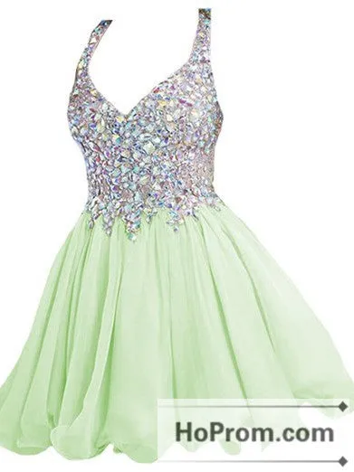 Straps Crystal Mini V-Neck Prom Dresses Homecoming Dresses