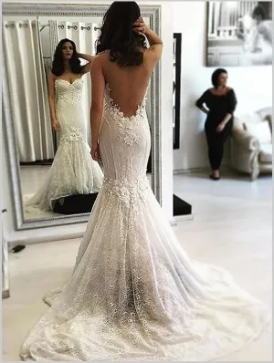 Sweetheart Mermaid Lace Wedding Dresses,Brush Train Sleeveless Wedding Dresses