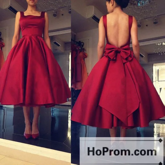 Tea Length Open Back Satin Prom Dresses Homecoming Dresses
