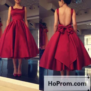 Tea Length Open Back Satin Prom Dresses Homecoming Dresses