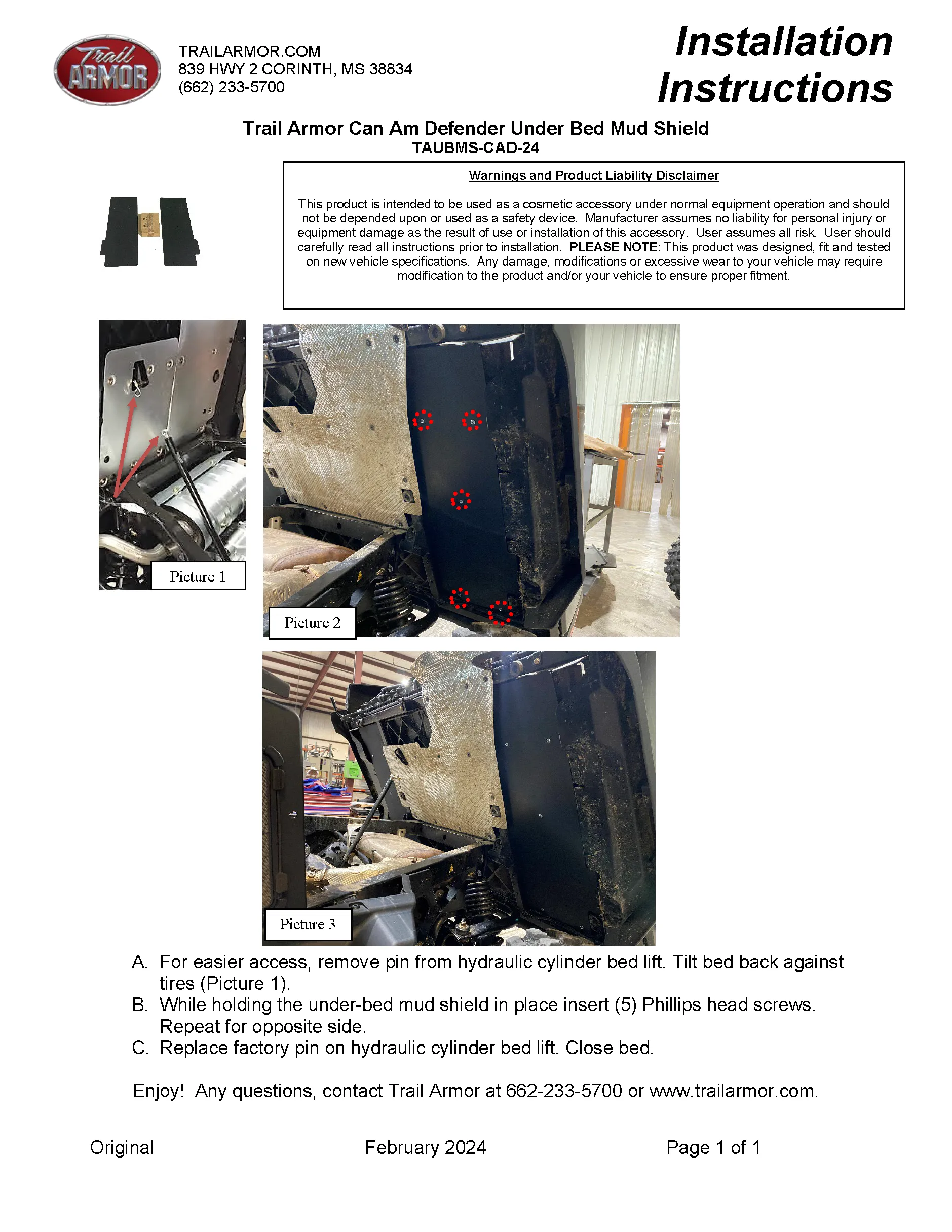 Trail Armor Can Am Defender HD7, Defender HD9, Defender HD10, Defender MAX HD7,  Defender MAX HD9, Defender MAX HD10 Under Bed Mud Shield Fits 2024