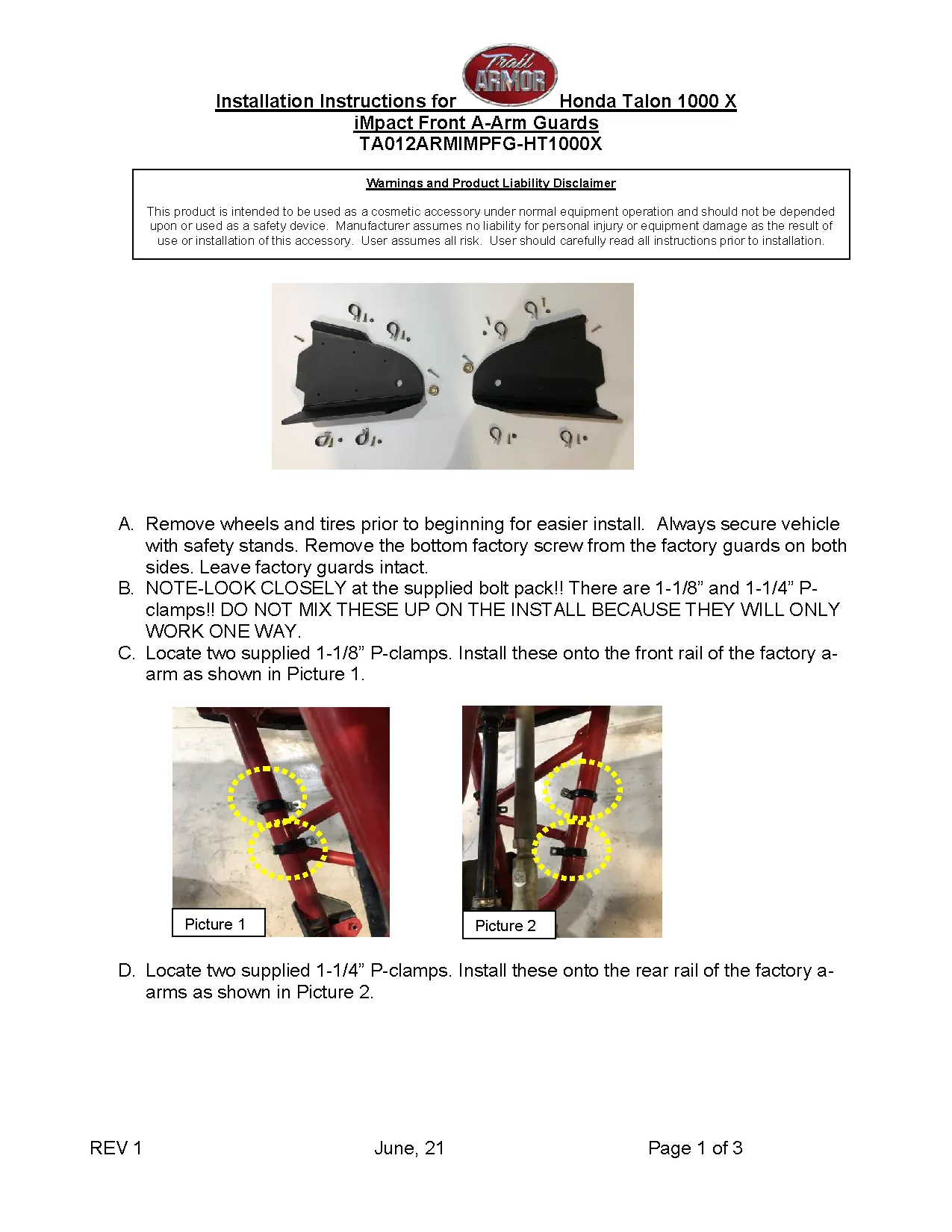 Trail Armor Honda Talon 1000X, Talon 1000X Fox Live Valve, Honda Talon 1000X-4, Talon 1000X-4 Fox Live Valve, Honda Talon 1000 XS, Talon 1000 XS-4, Talon 1000 XS Fox Live Valve, Talon 1000 XS-4 Fox Live Valve iMpact Front A-Arm Guards