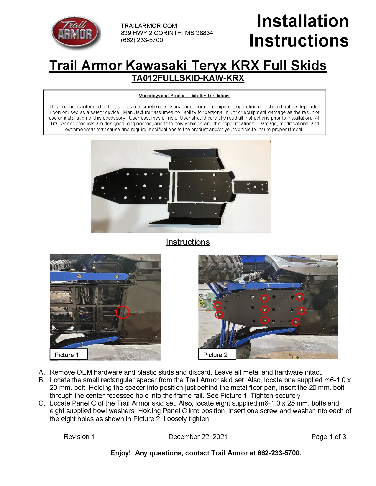 Trail Armor Kawasaki KRX 1000 (all editions) Full Skids with Integrated Slider Nerfs 2020 - 2025