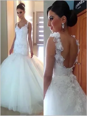 Trumpet Organza Straps Wedding Dresses,Backless Court Train Wedding Dresses